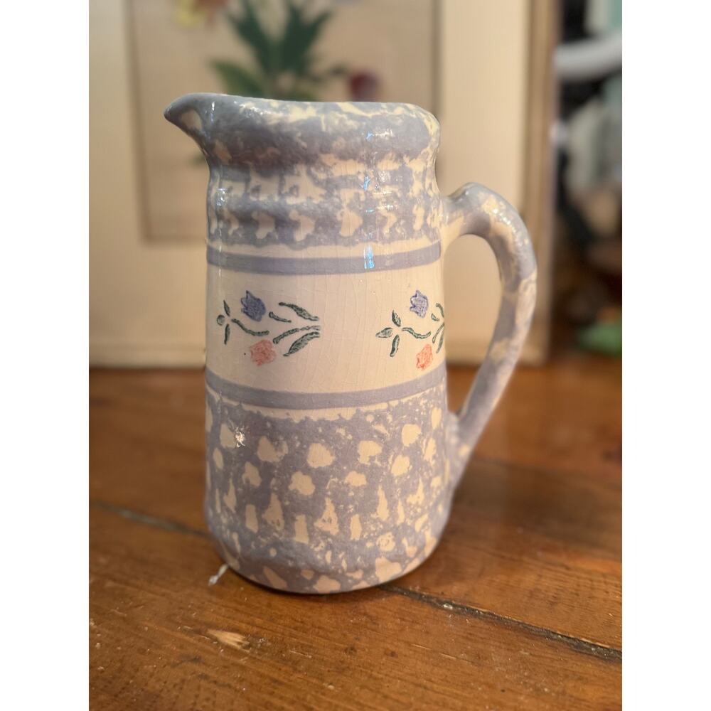 Cottage core pitcher pretty pinks and blues. Crazing present